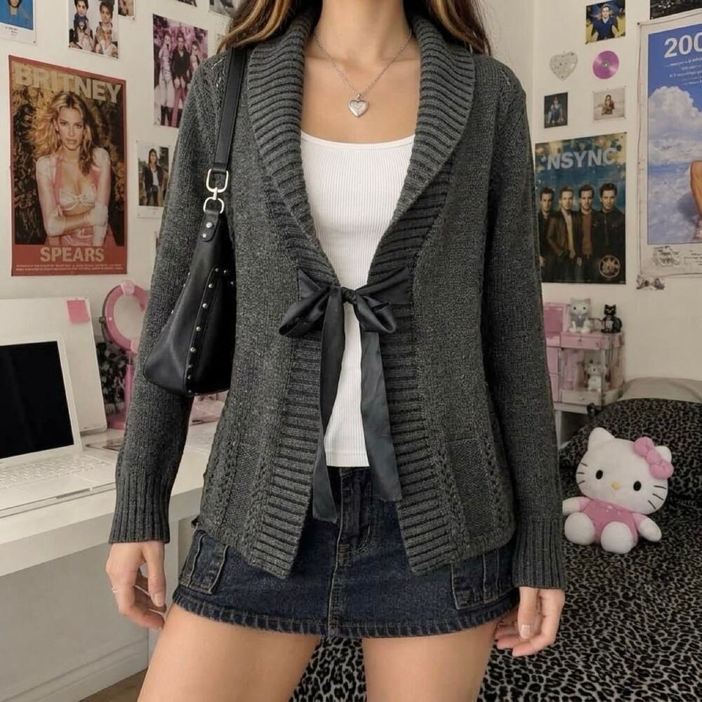 Northstyle Grey Tie Front Shawl Collar Knit Cardigan Size Large Retro Minimalist